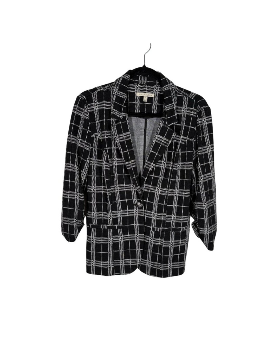 41 Hawthorn Women M Black White Plaid 3/4 Sleeves One Button Dimo Knit Blazer - Picture 2 of 10